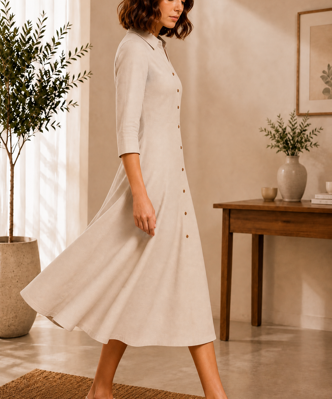 CREAM BUTTON-FRONT FRONT FLARED KURTI