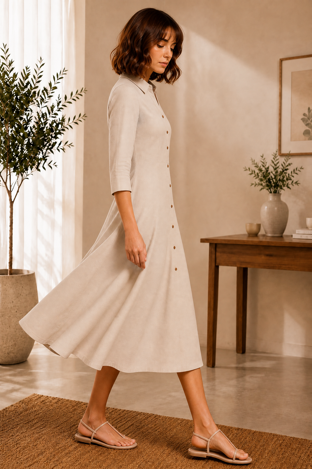CREAM BUTTON-FRONT FRONT FLARED KURTI