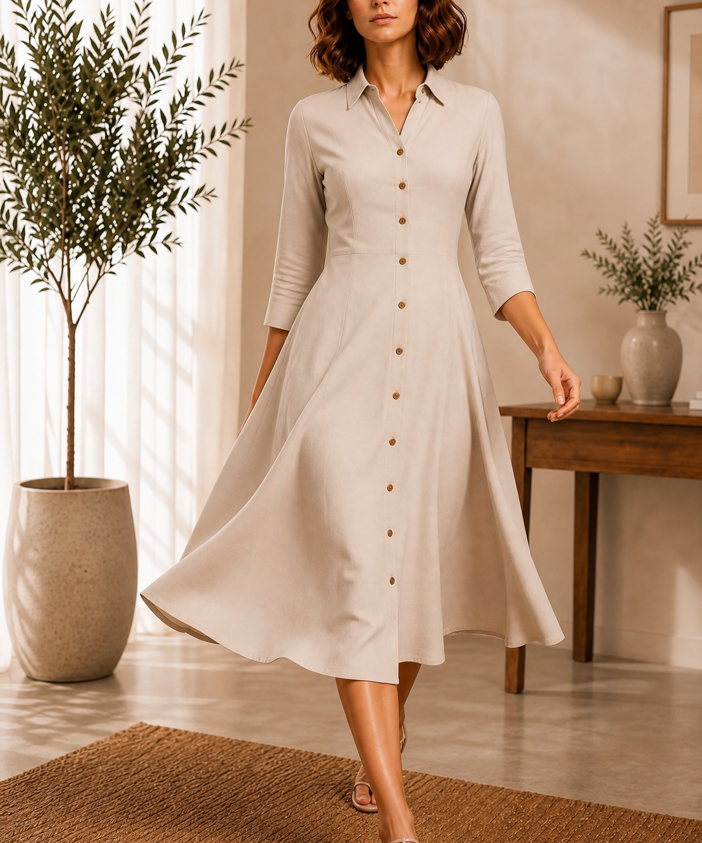 CREAM BUTTON-FRONT FRONT FLARED KURTI