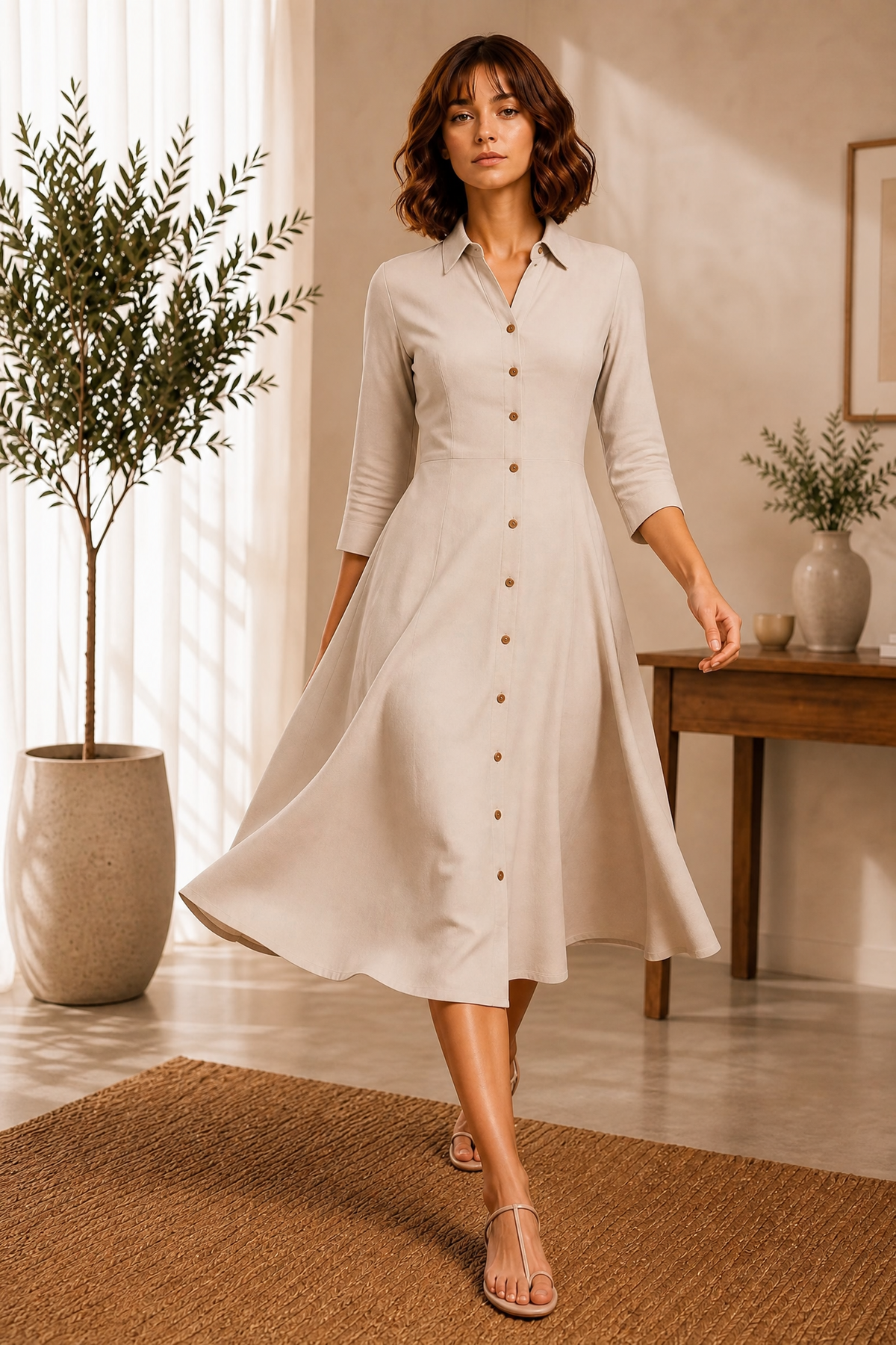 CREAM BUTTON-FRONT FRONT FLARED KURTI