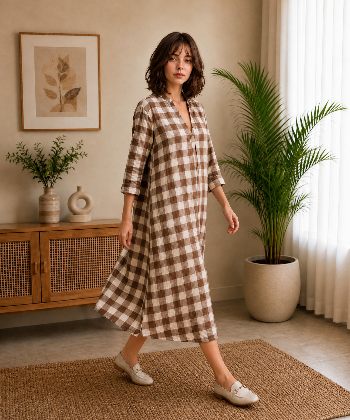 BROWN CHECK V-NECK MIDI DRESS