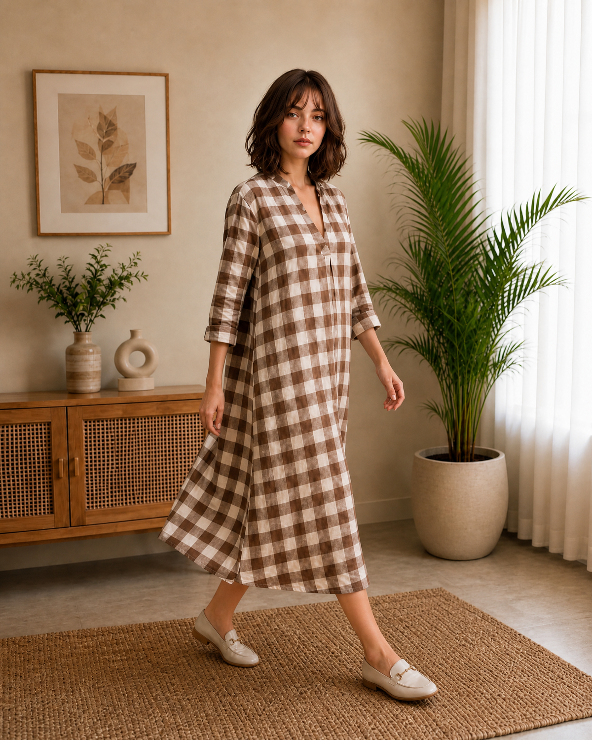 BROWN CHECK V-NECK MIDI DRESS