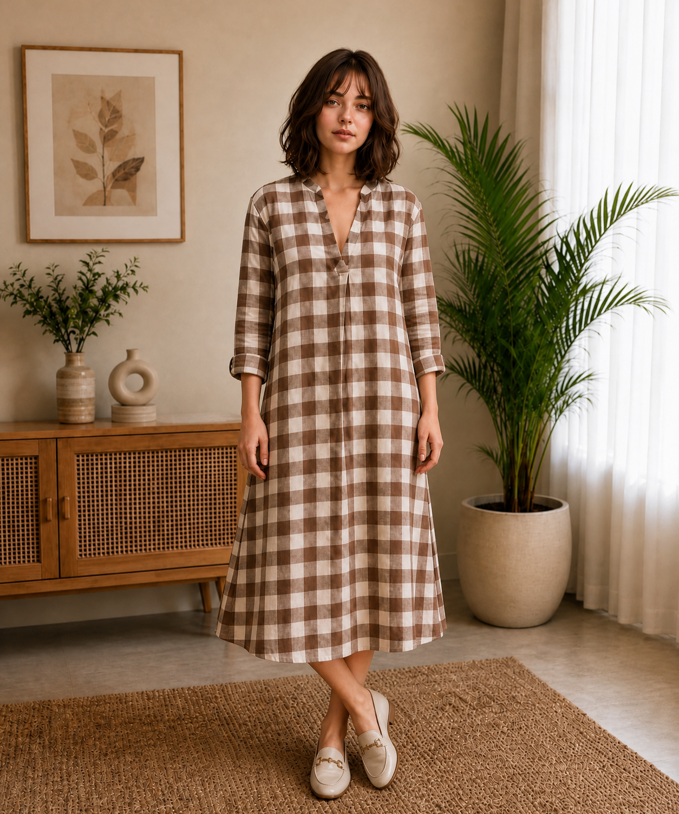 BROWN CHECK V-NECK MIDI DRESS
