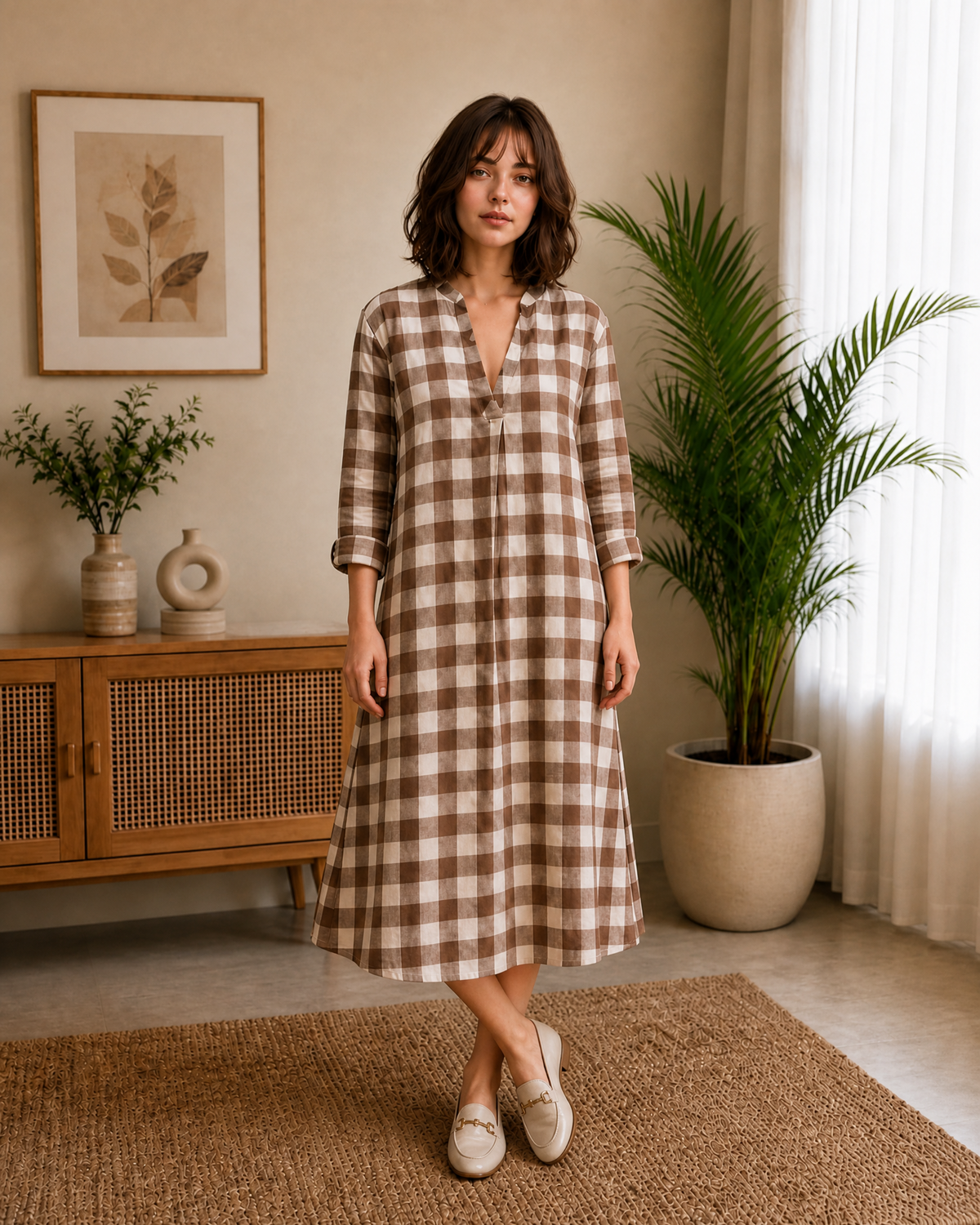 BROWN CHECK V-NECK MIDI DRESS