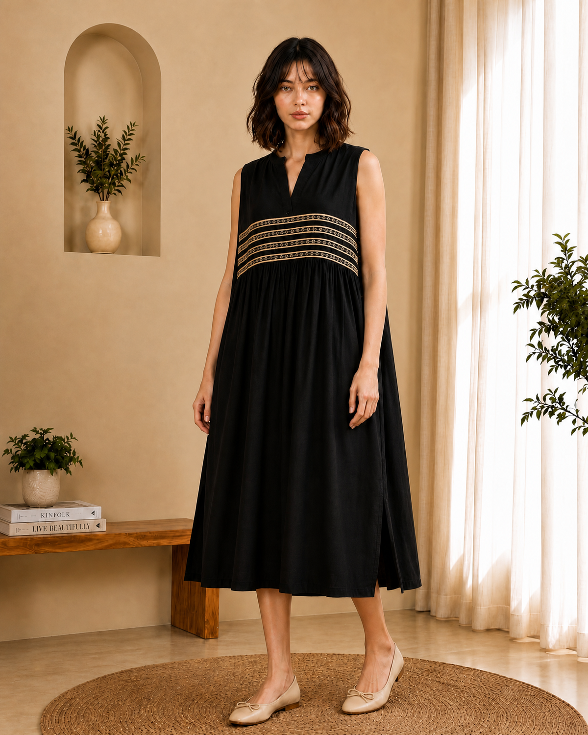 BLACK GOLD DETAIL MIDI DRESS