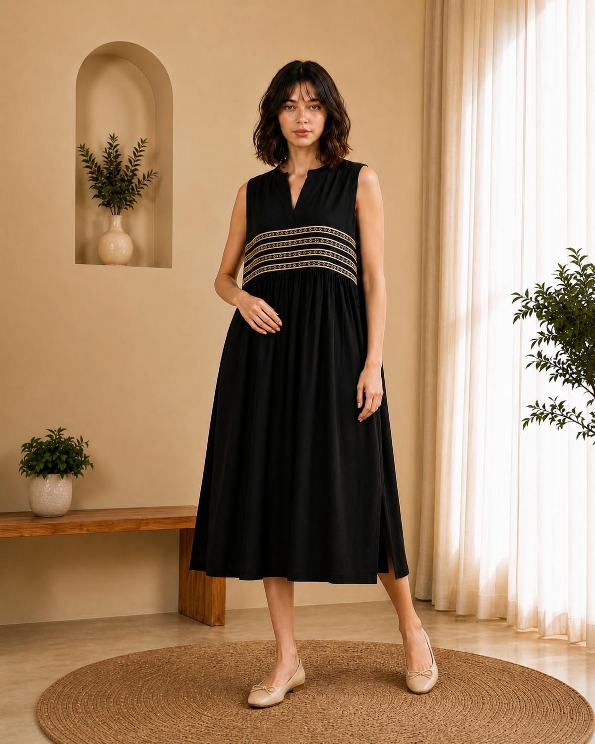 BLACK GOLD DETAIL MIDI DRESS