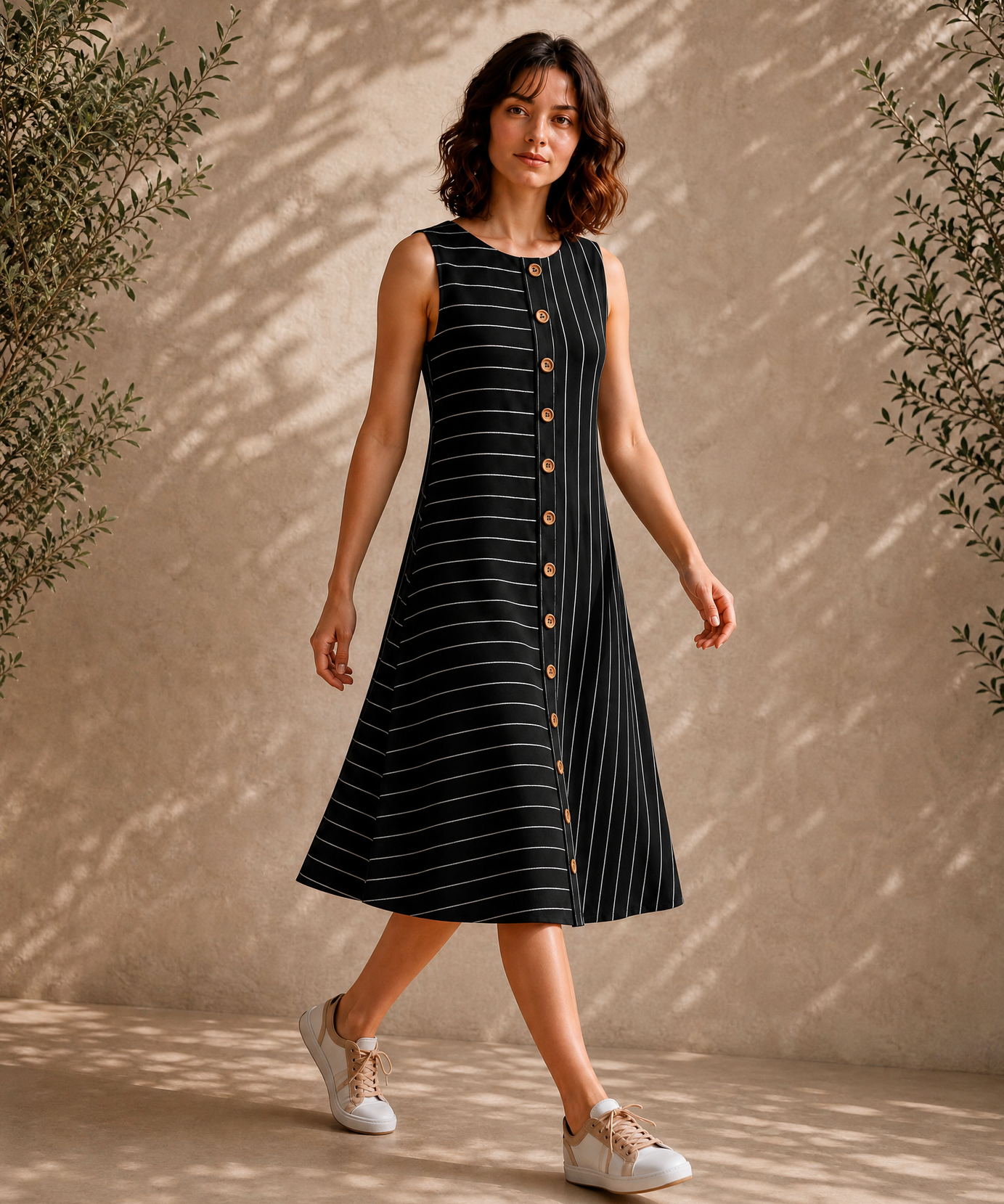 MONOCHROME STRIPE MIDI DRESS