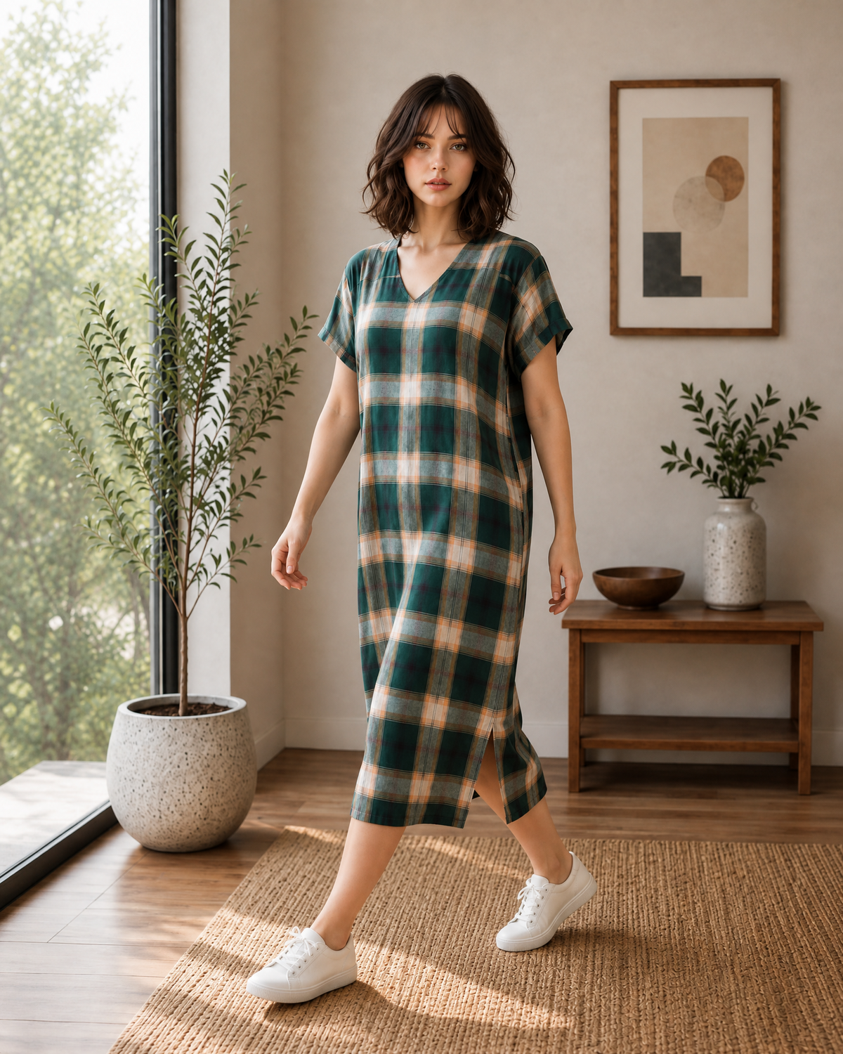 GREEN PLAID V-NECK MIDI DRESS