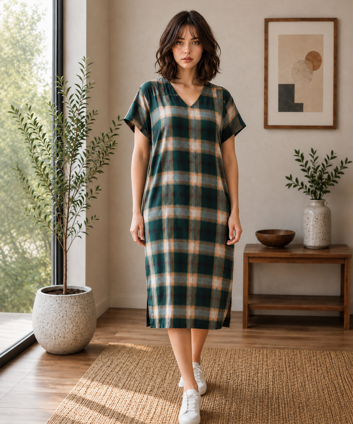 GREEN PLAID V-NECK MIDI DRESS