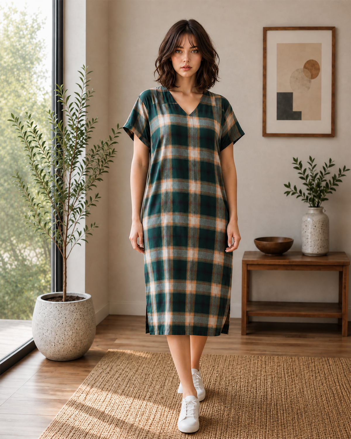 GREEN PLAID V-NECK MIDI DRESS