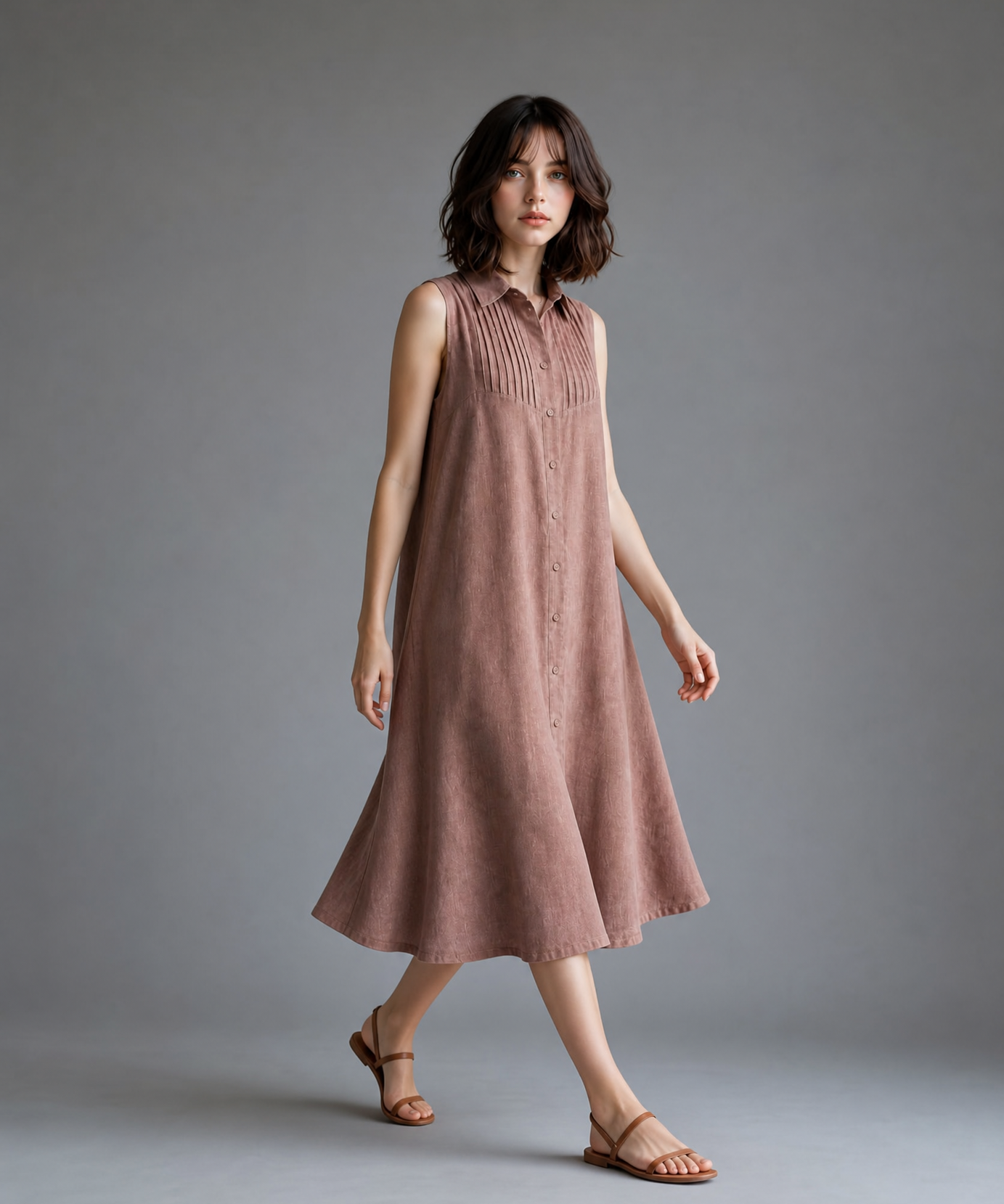 ROSE BROWN PLEATED SHIRT DRESS