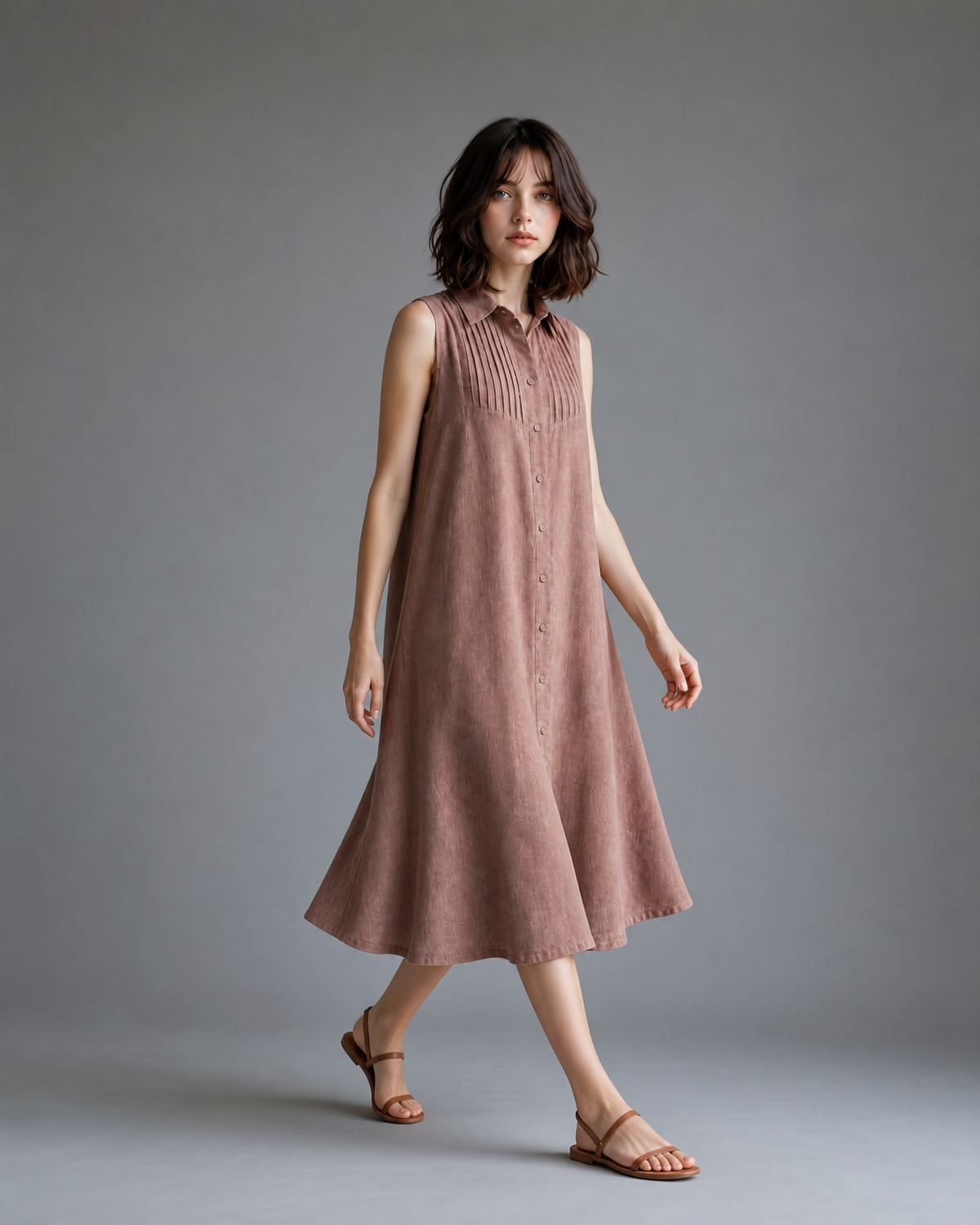 ROSE BROWN PLEATED SHIRT DRESS