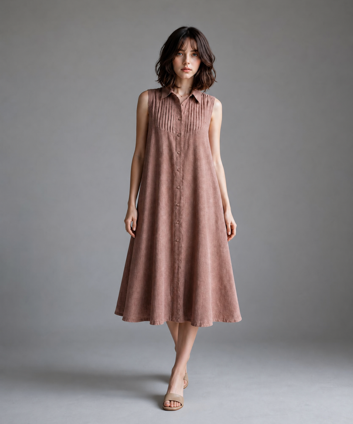 ROSE BROWN PLEATED SHIRT DRESS