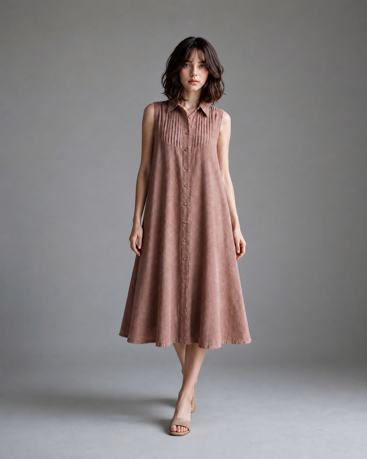 ROSE BROWN PLEATED SHIRT DRESS