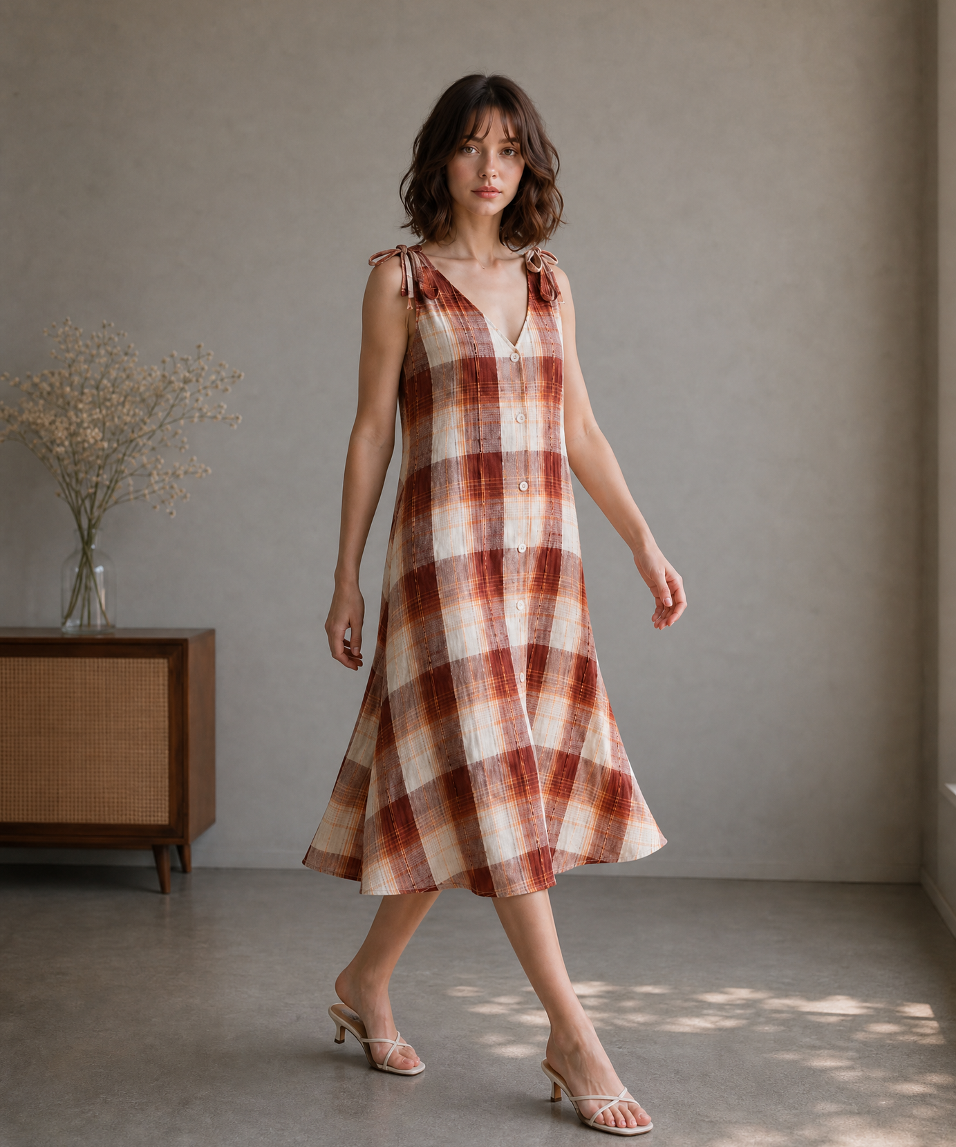 BROWN PLAID TIE-SHOULDER MIDI DRESS