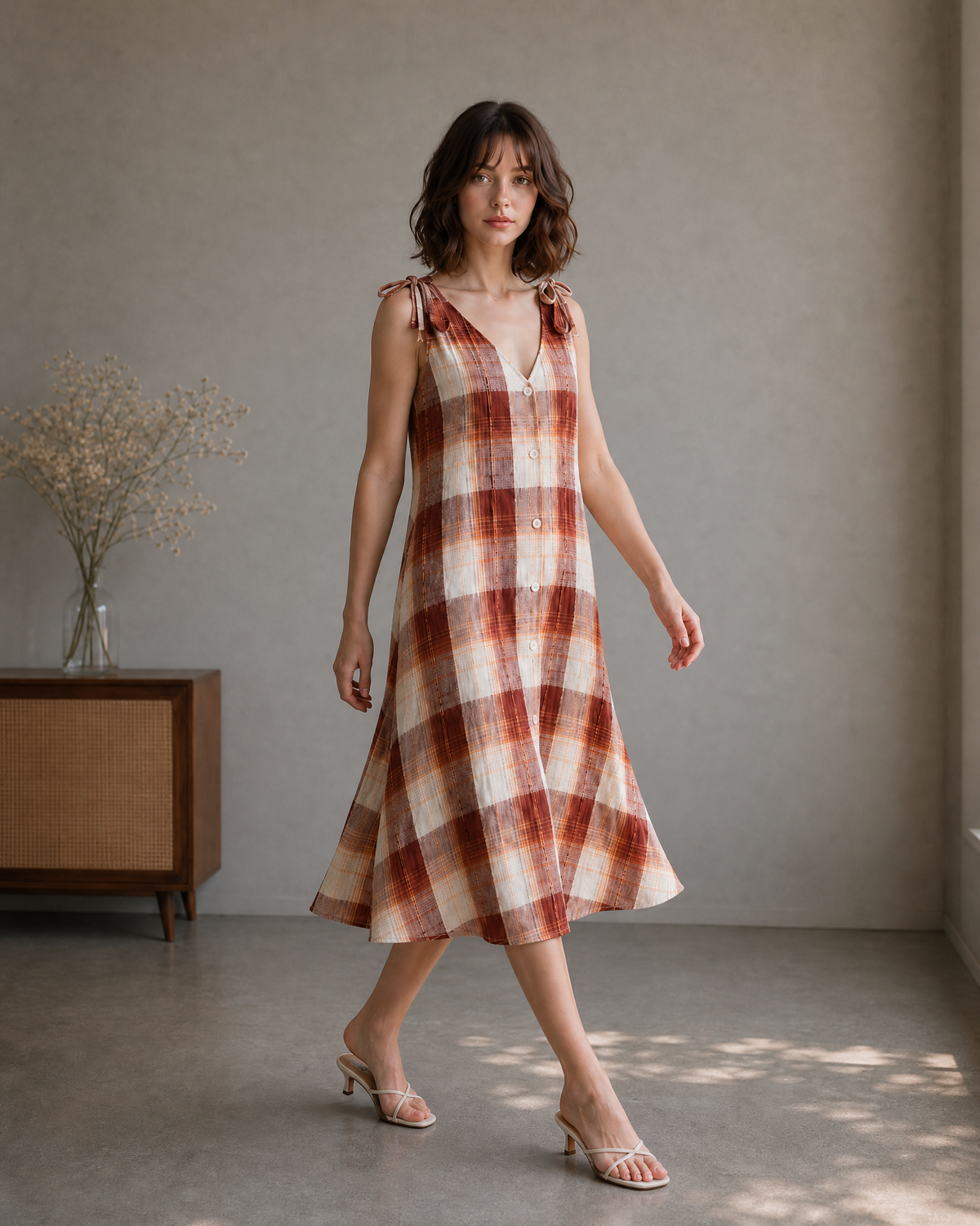 BROWN PLAID TIE-SHOULDER MIDI DRESS