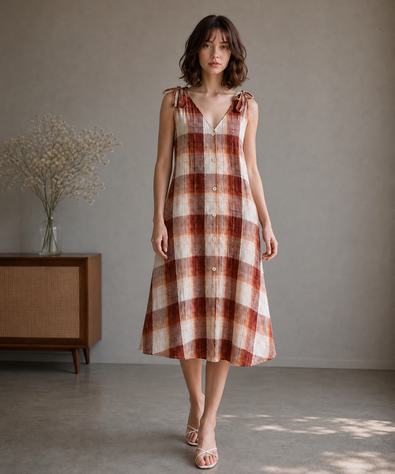 BROWN PLAID TIE-SHOULDER MIDI DRESS