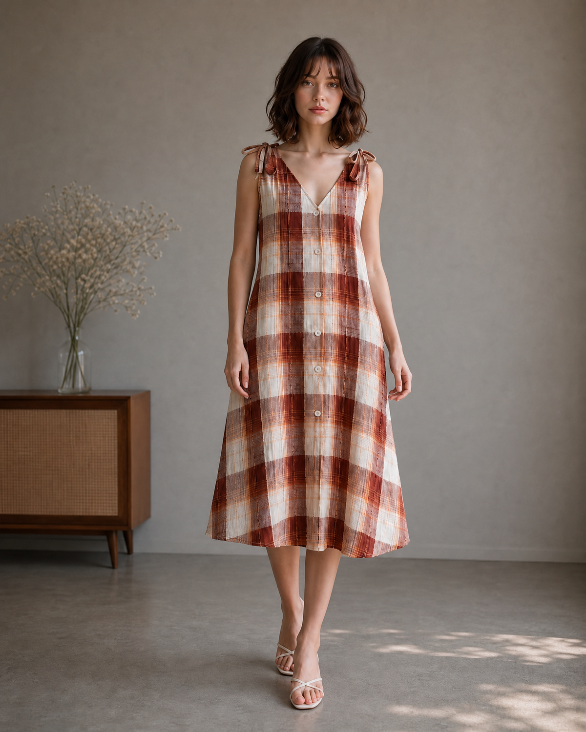 BROWN PLAID TIE-SHOULDER MIDI DRESS