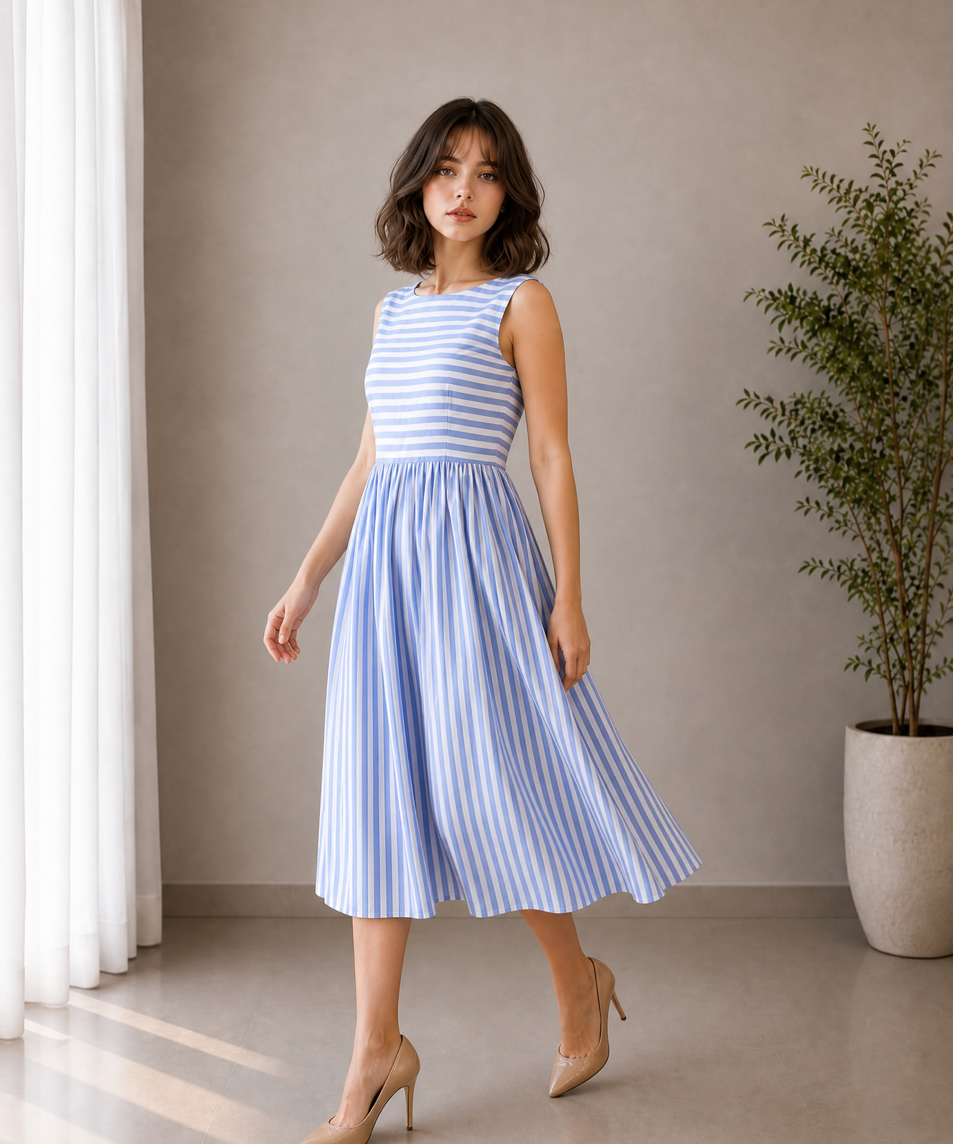 BLUE & WHITE STRIPED PLEATED MIDI DRESS
