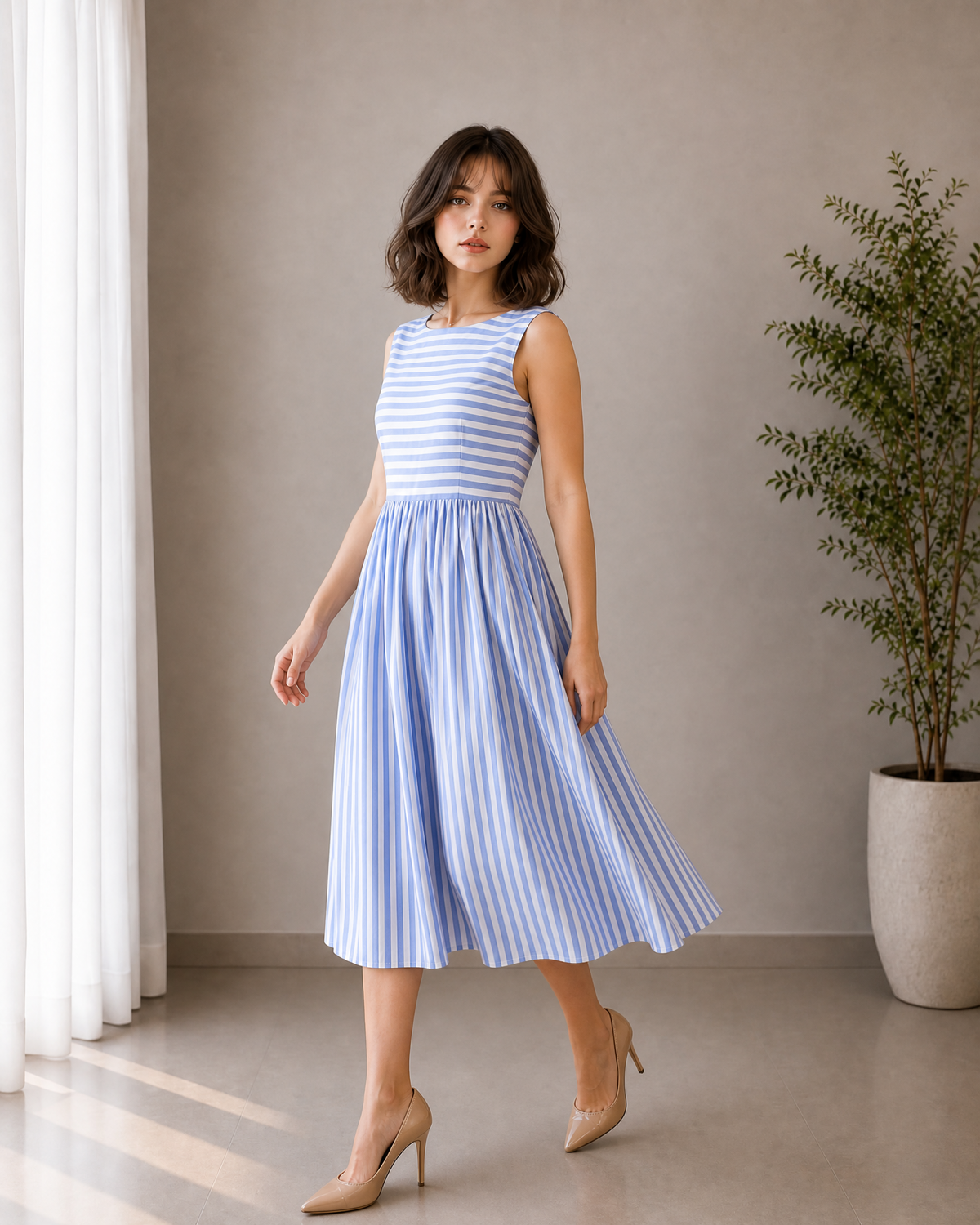 BLUE & WHITE STRIPED PLEATED MIDI DRESS