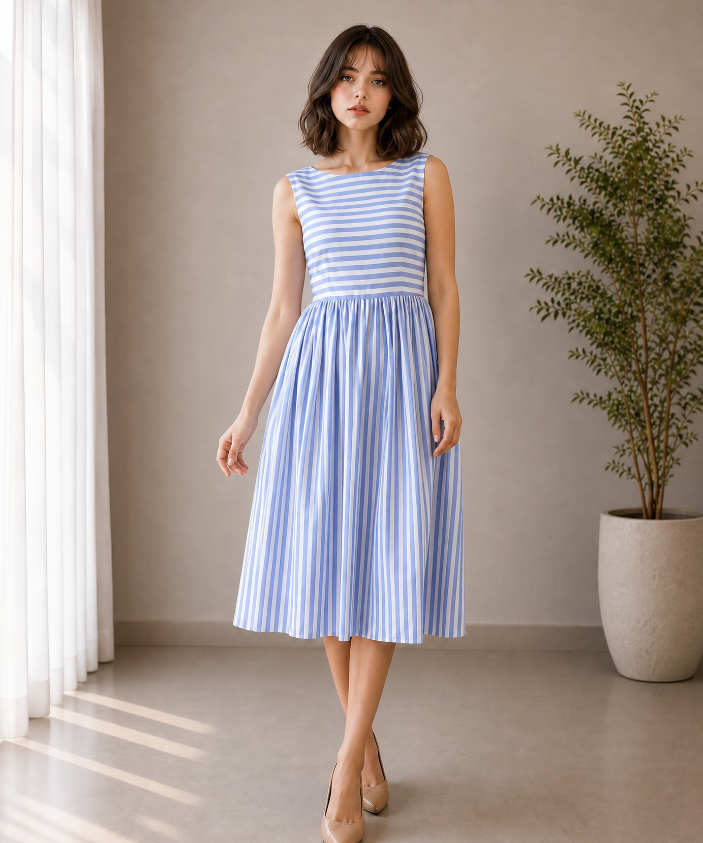 BLUE & WHITE STRIPED PLEATED MIDI DRESS