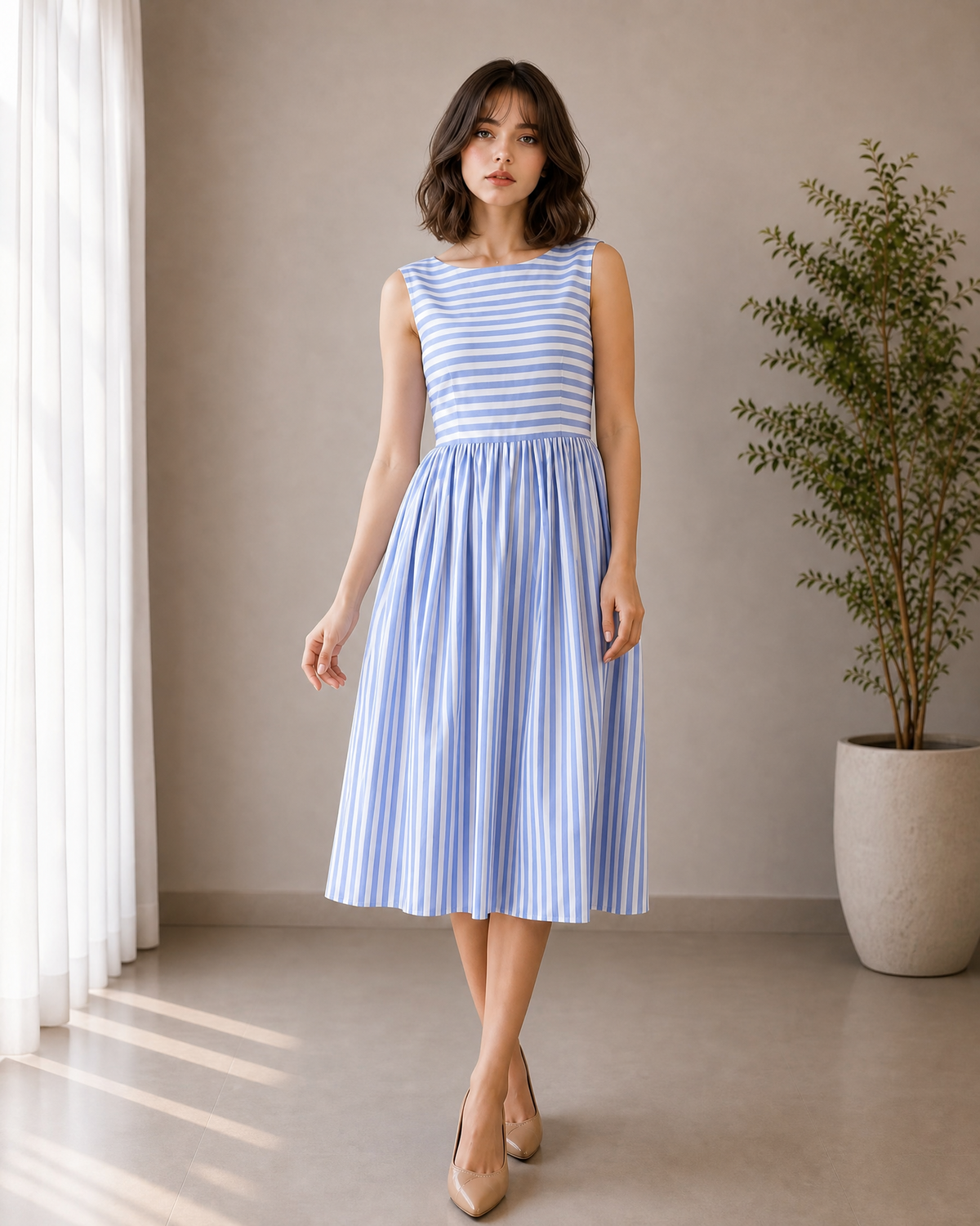 BLUE & WHITE STRIPED PLEATED MIDI DRESS