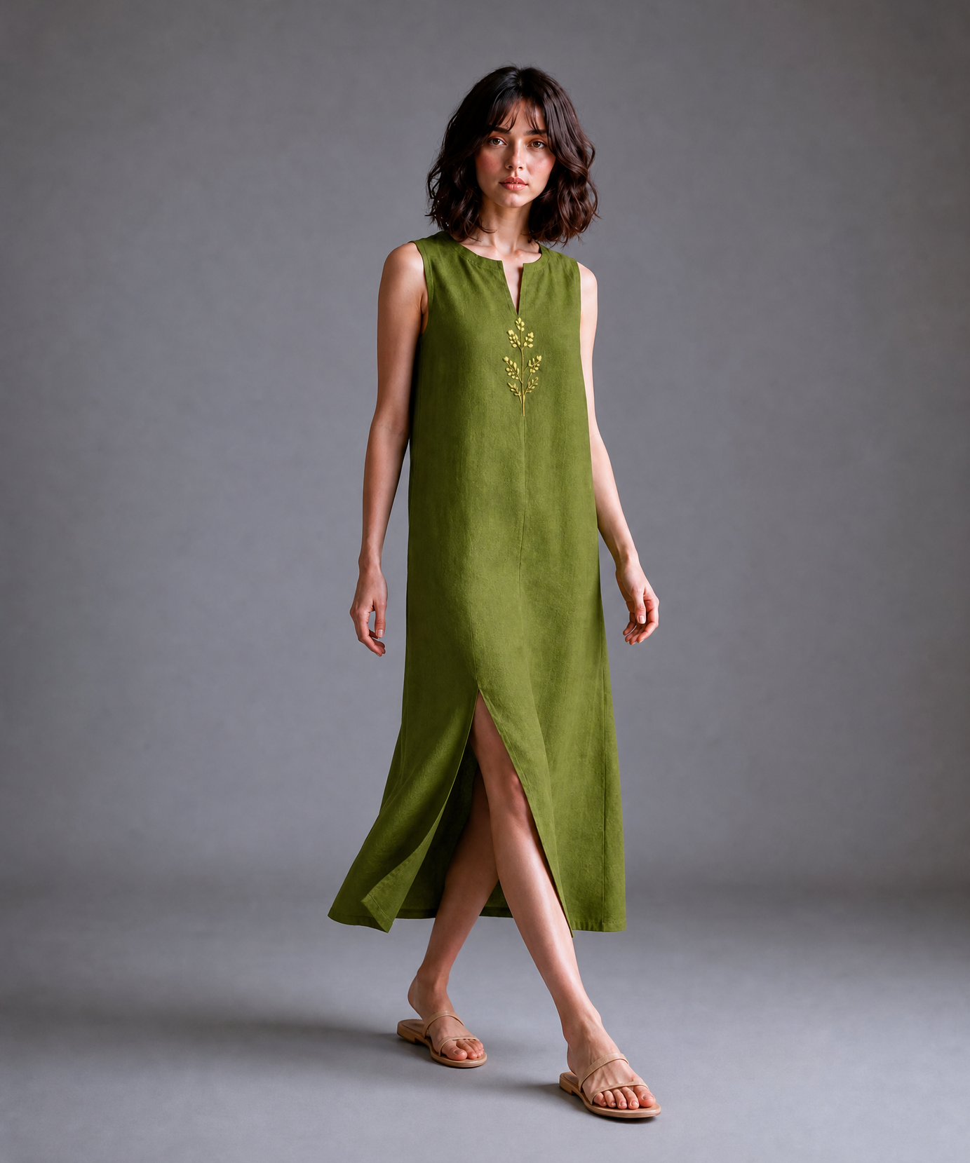 OLIVE GREEN EMBROIDERED SLIT MIDI DRESS