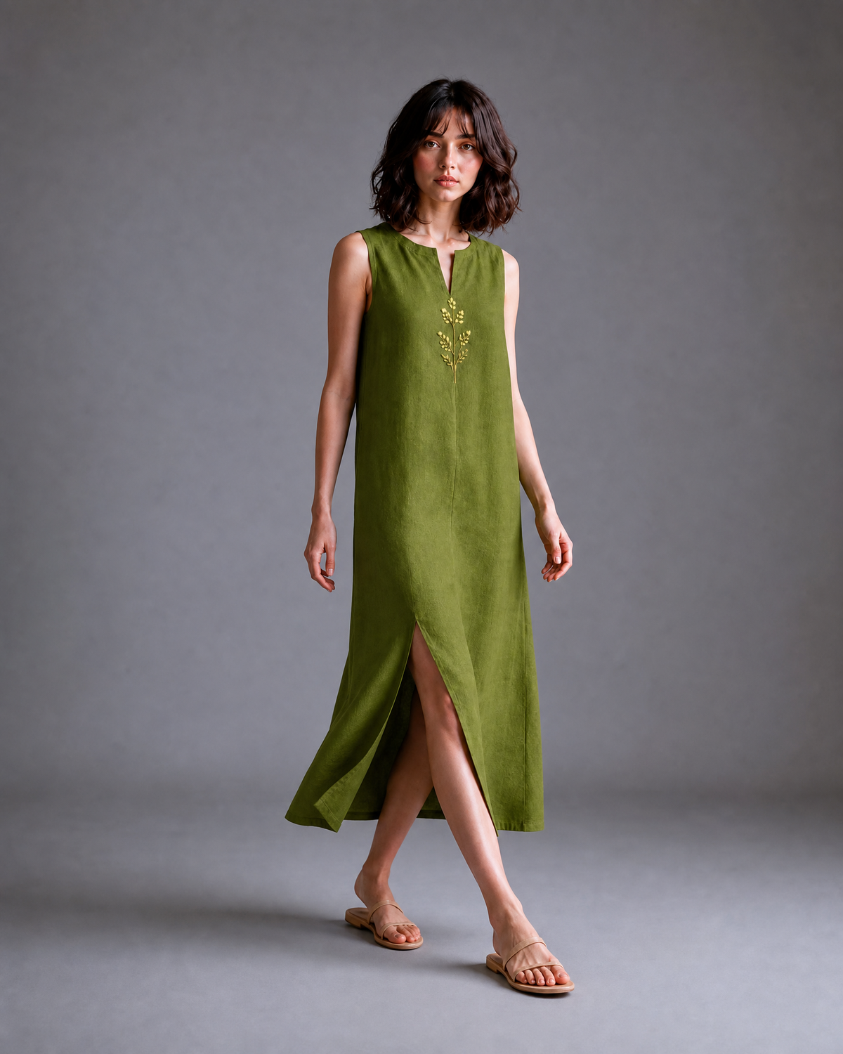 OLIVE GREEN EMBROIDERED SLIT MIDI DRESS