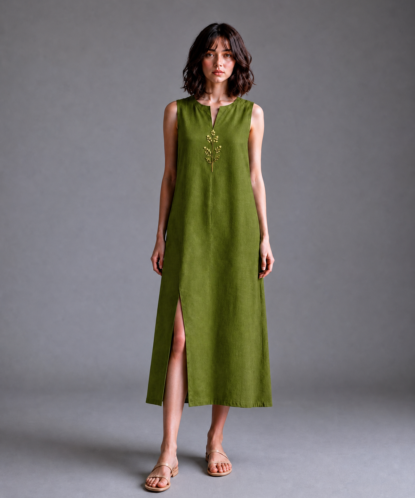 OLIVE GREEN EMBROIDERED SLIT MIDI DRESS