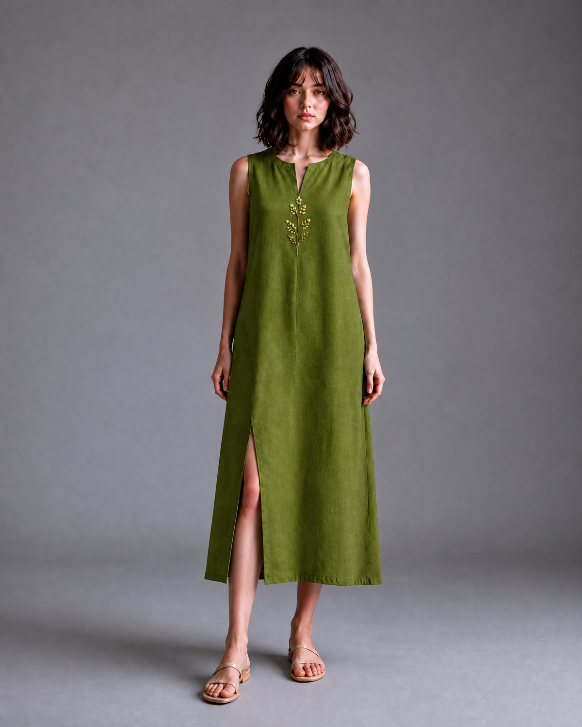 OLIVE GREEN EMBROIDERED SLIT MIDI DRESS