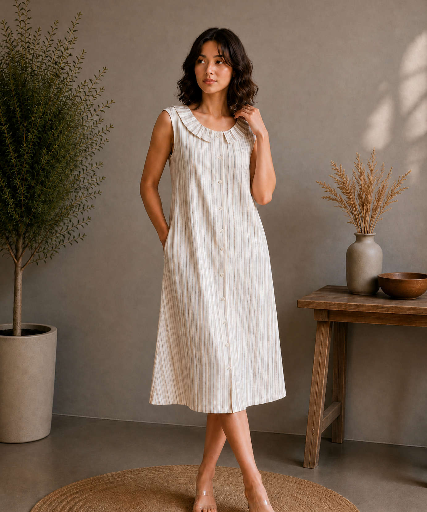 STRIPED RUFFLE COLLAR MIDI DRESS