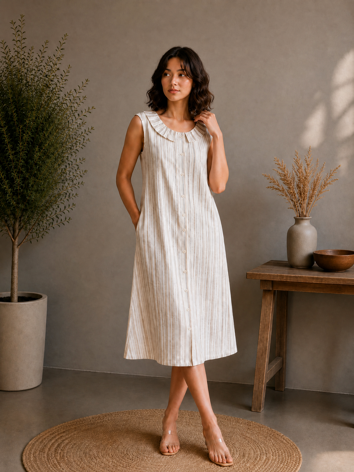 STRIPED RUFFLE COLLAR MIDI DRESS