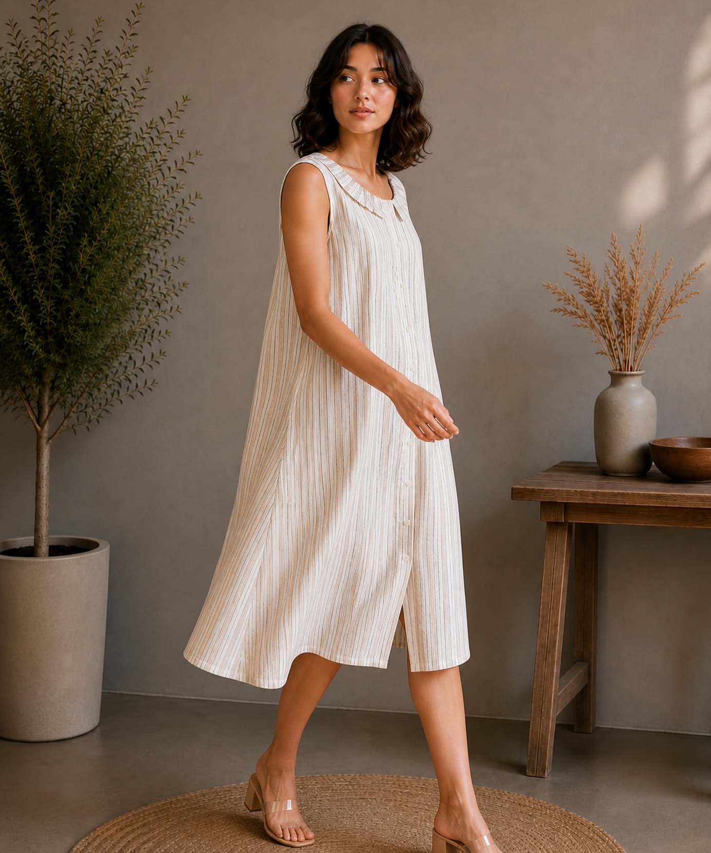 STRIPED RUFFLE COLLAR MIDI DRESS
