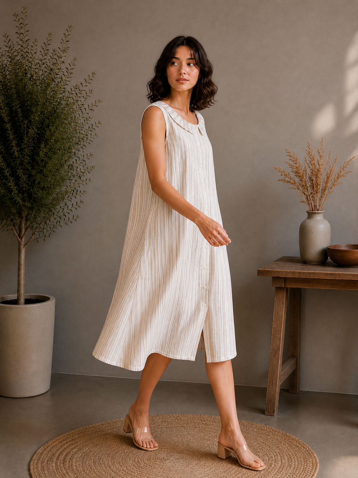 STRIPED RUFFLE COLLAR MIDI DRESS