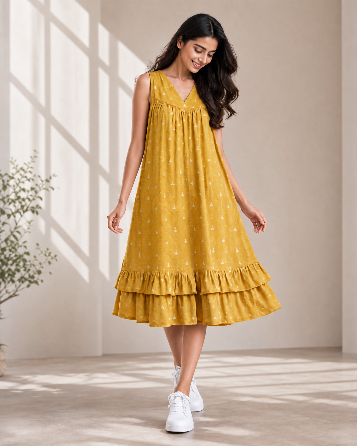 MUSTARD YELLOW TIERED DRESS
