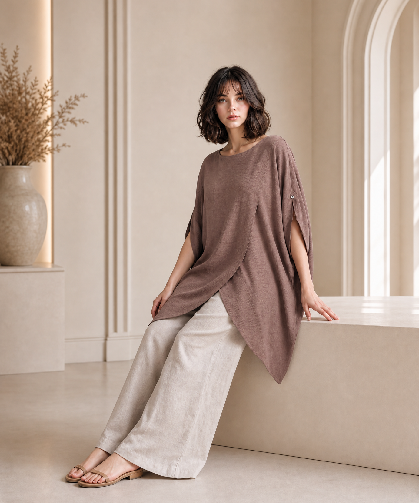 MAUVE BROWN ASYMMETRIC TUNIC TOP