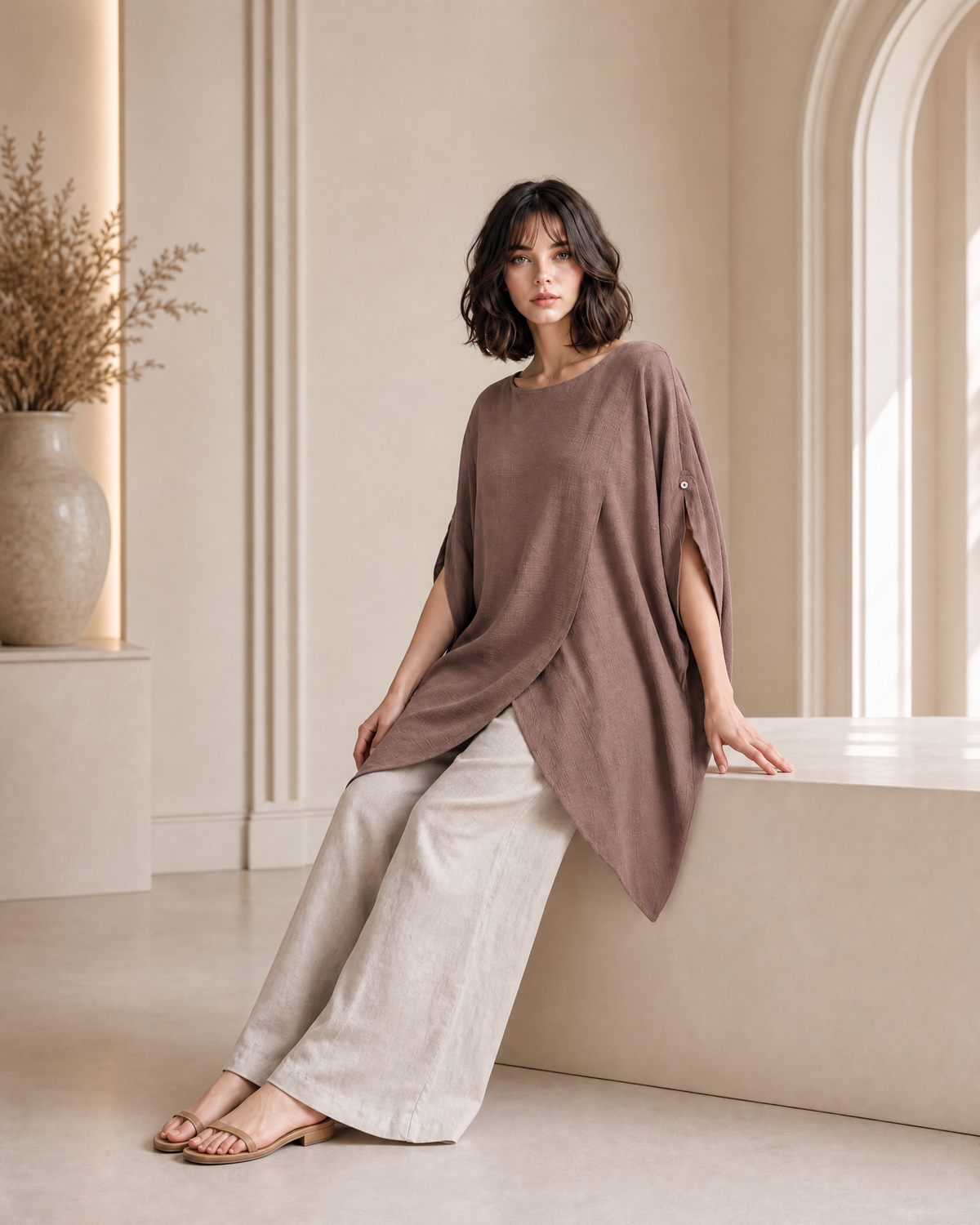 MAUVE BROWN ASYMMETRIC TUNIC TOP