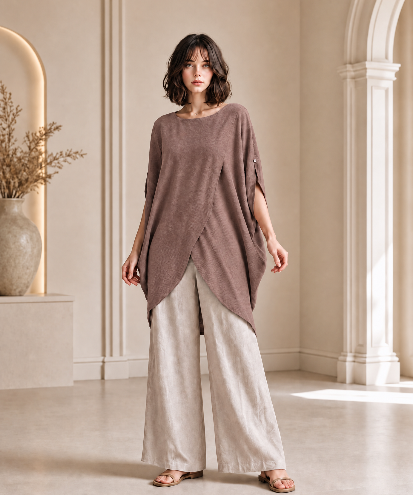 MAUVE BROWN ASYMMETRIC TUNIC TOP