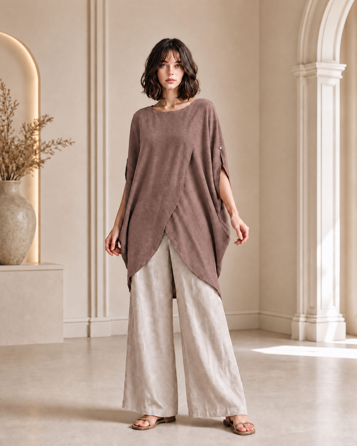 MAUVE BROWN ASYMMETRIC TUNIC TOP