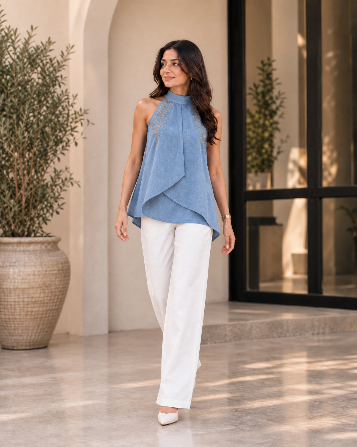 EMBROIDERED LAYERED HALTER NECK CO-ORD SET