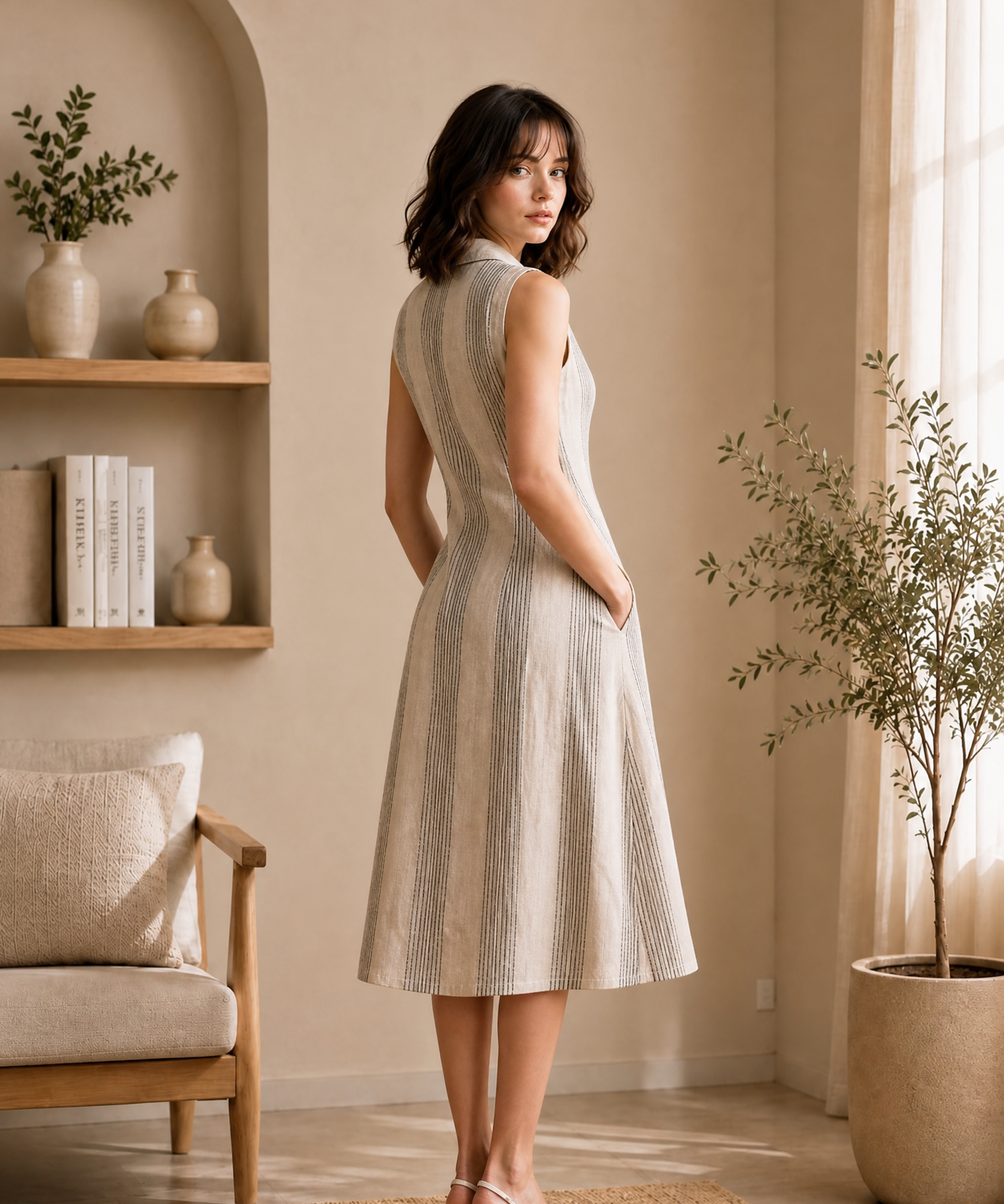 IVORY STRIPED COLLAR MIDI DRESS