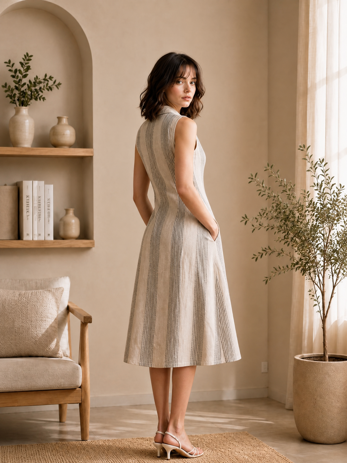 IVORY STRIPED COLLAR MIDI DRESS