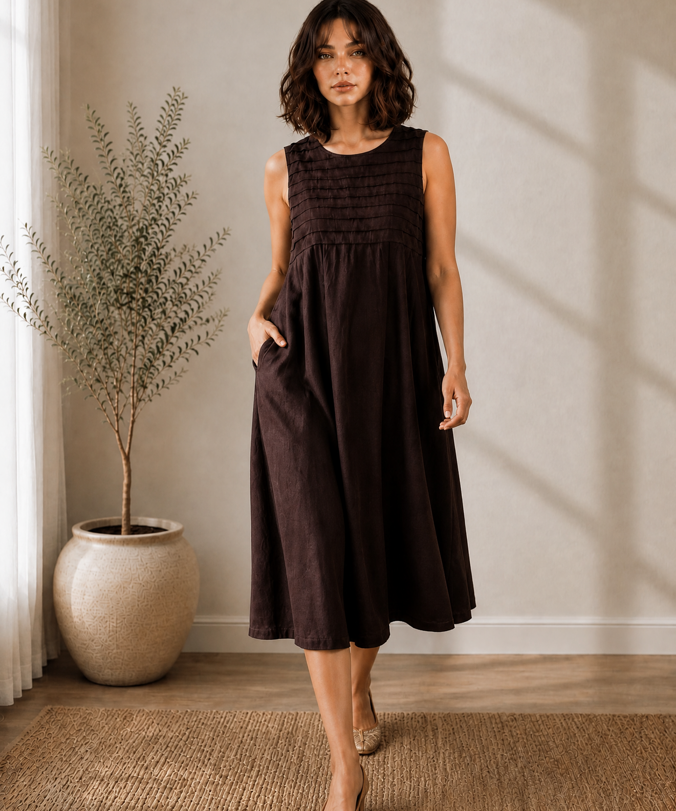 CHOCOLATE BROWN PLEATED MIDI DRESS