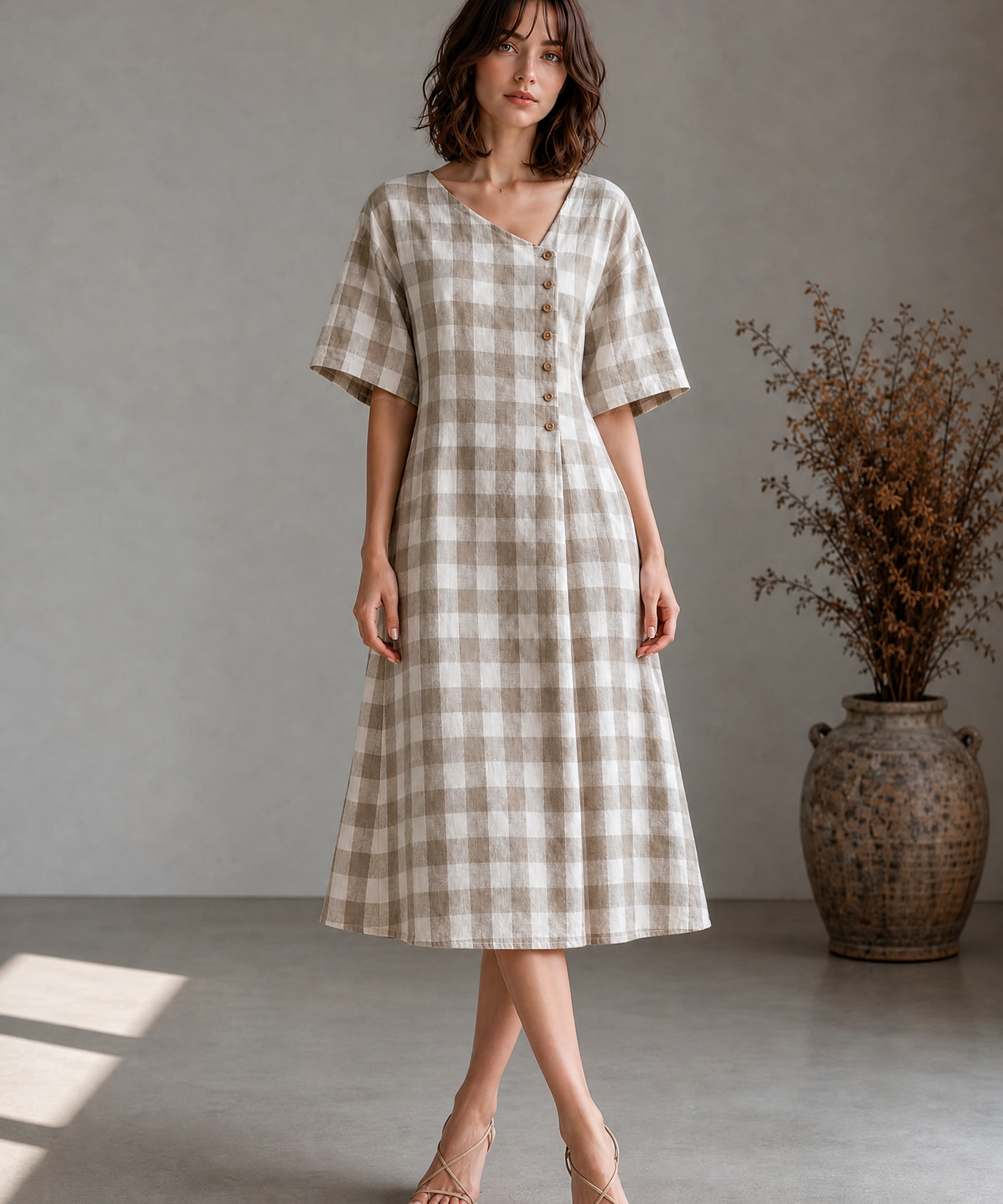 CHECKED FLARE MIDI DRESS