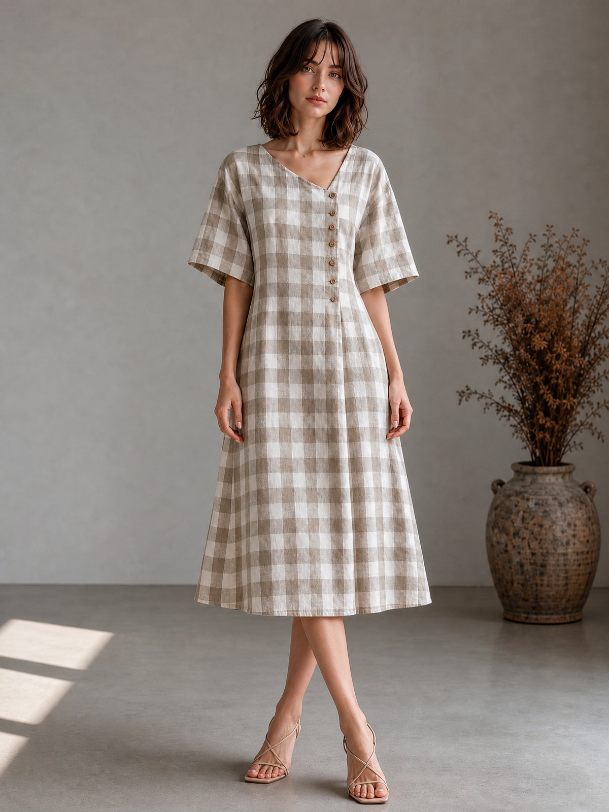 CHECKED FLARE MIDI DRESS