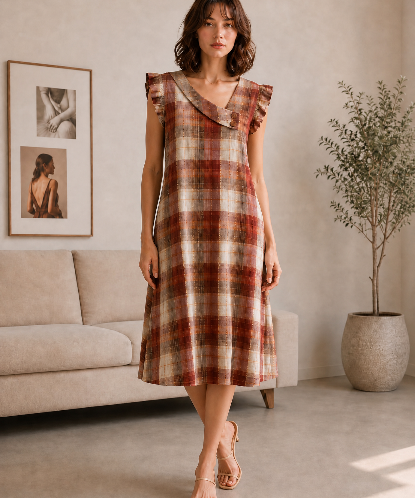 RUST PLAID RUFFLE MIDI DRESS