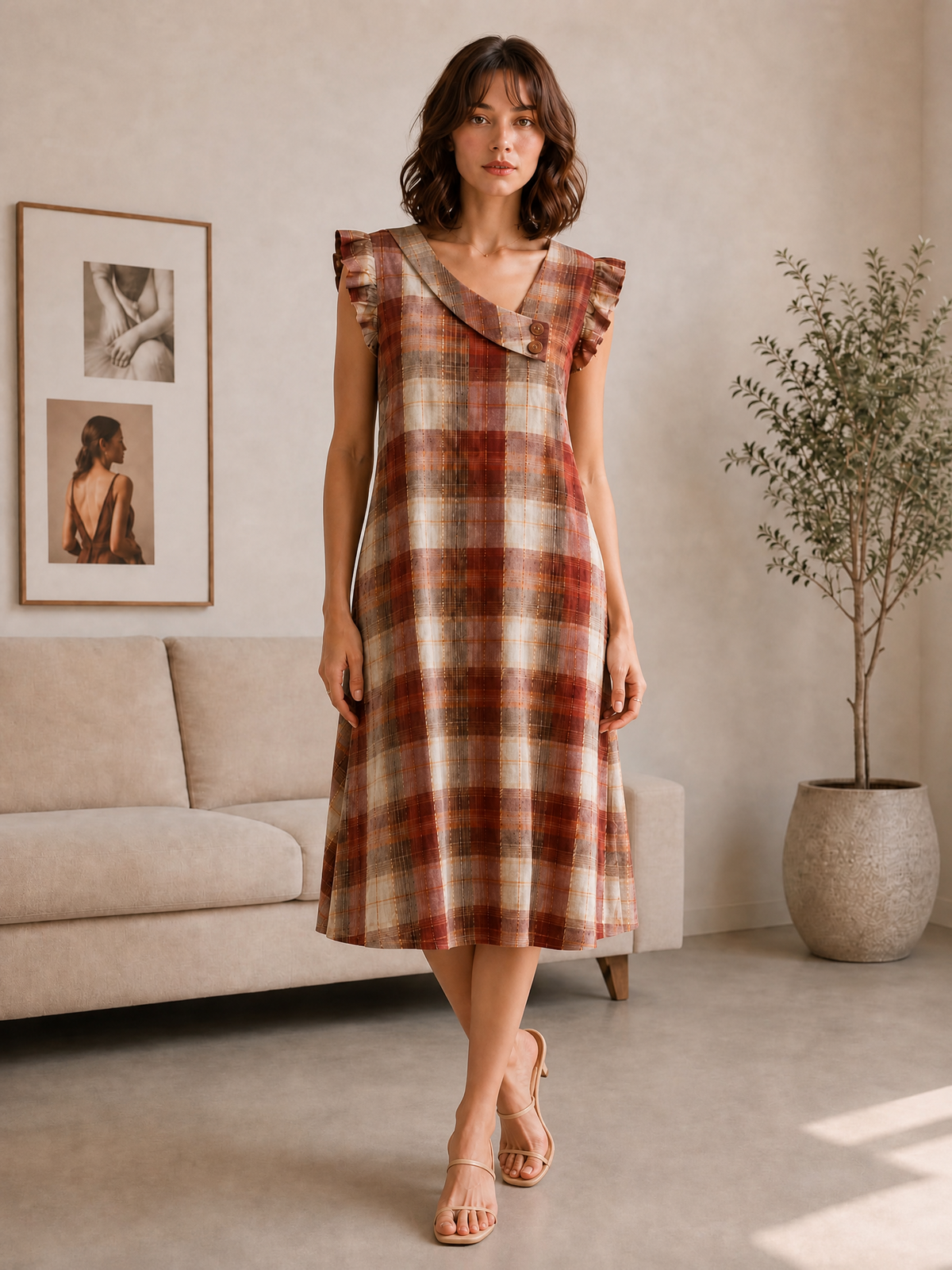 RUST PLAID RUFFLE MIDI DRESS
