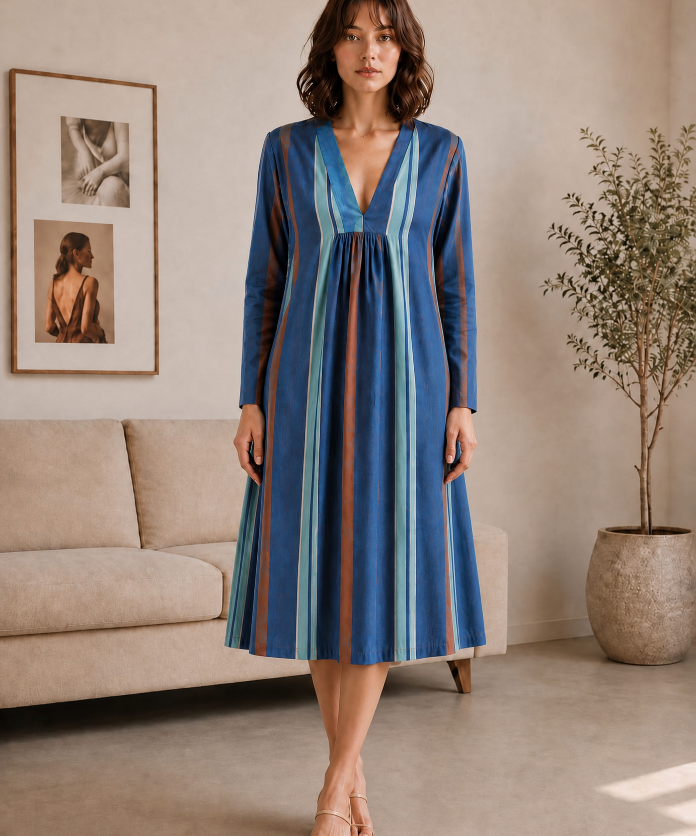BLUE STRIPED V-NECK FLARE DRESS