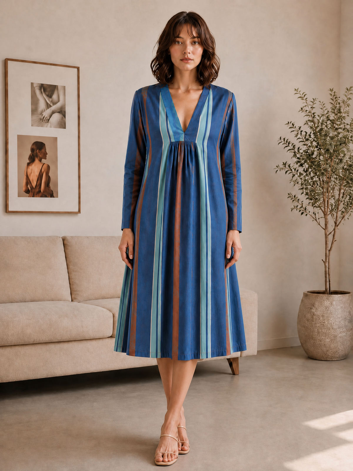 BLUE STRIPED V-NECK FLARE DRESS