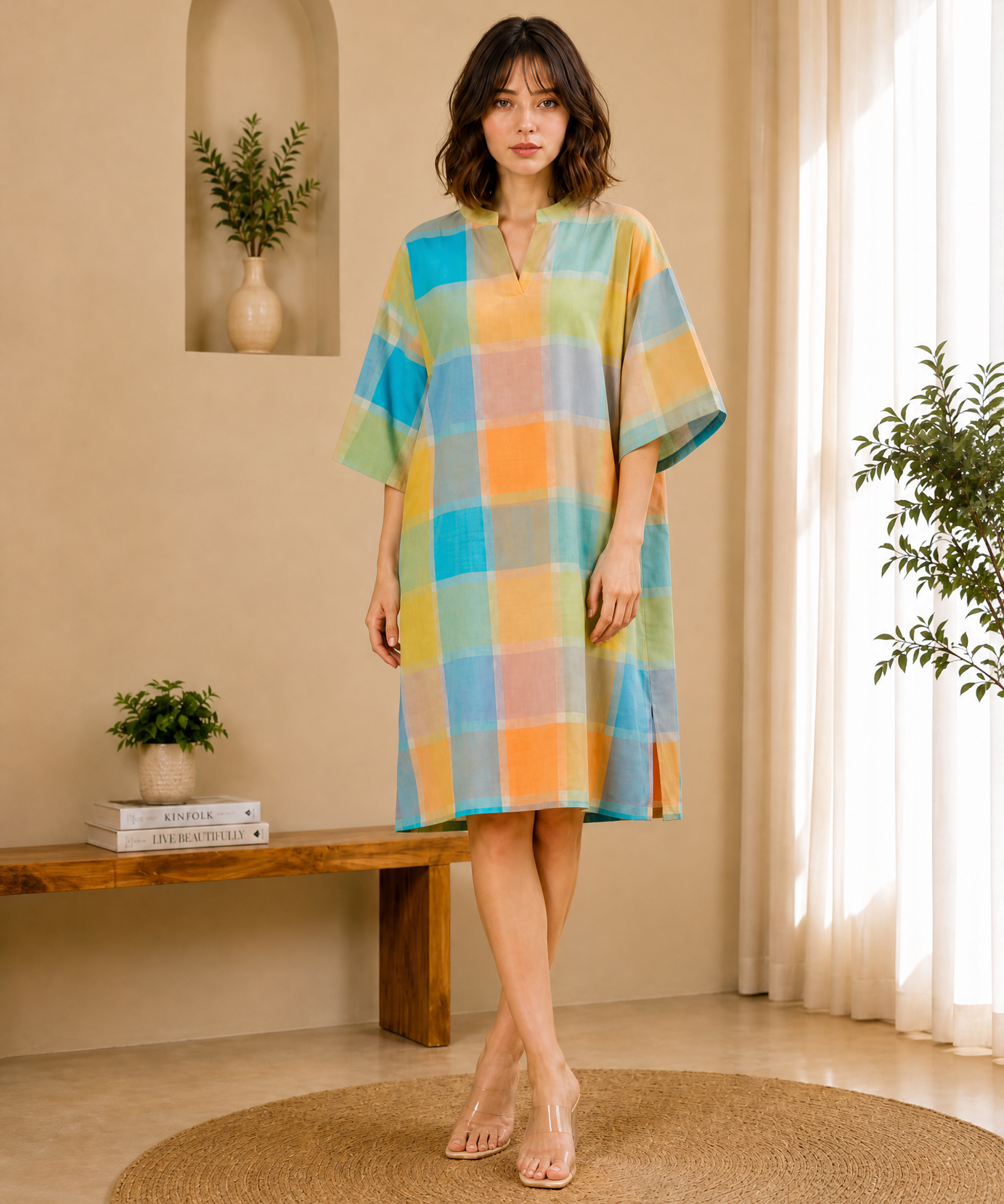 PASTEL CHECK RELAXED MIDI DRESS